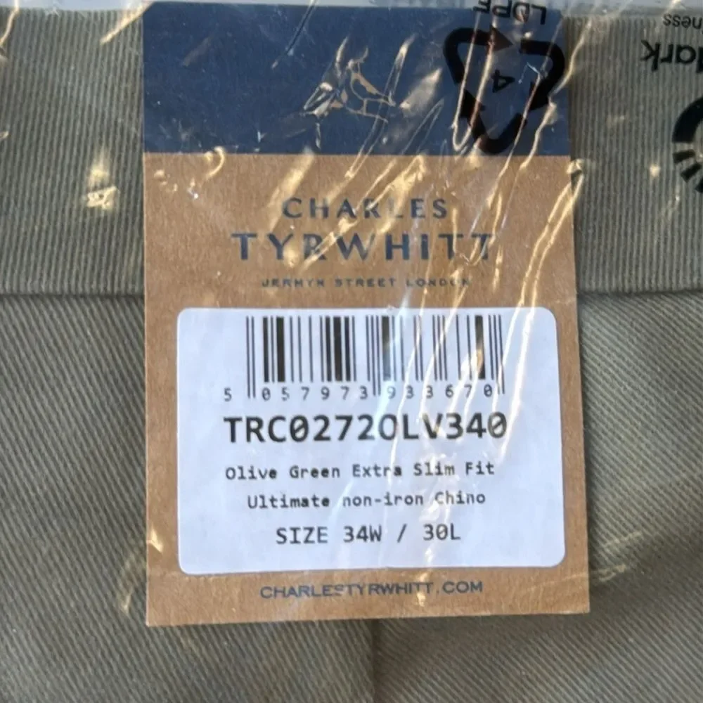 Charles‎ TYRWHITT extra slim fit Ultimate Non-Iron Chinos Olive Green 34x30 Nwt